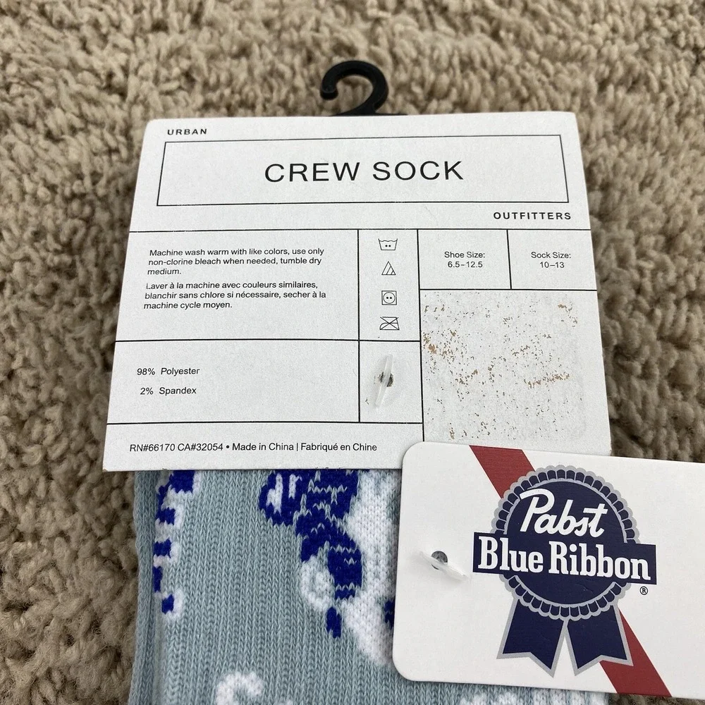 Pabst Blue Ribbon Crew Socks Blue Ribbed Graphic Unisex (10-13) Cheers Can NWT‎